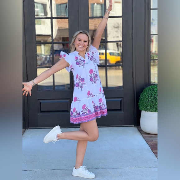 Victoria Dunn Lillie Mini Dress in Camelia Block Floral Print Purple Pink XS - Picture 3 of 12